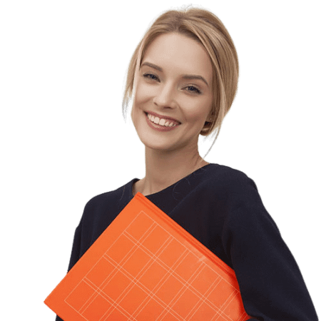 Smiling woman holding an orange folder, symbolizing professionalism and readiness.